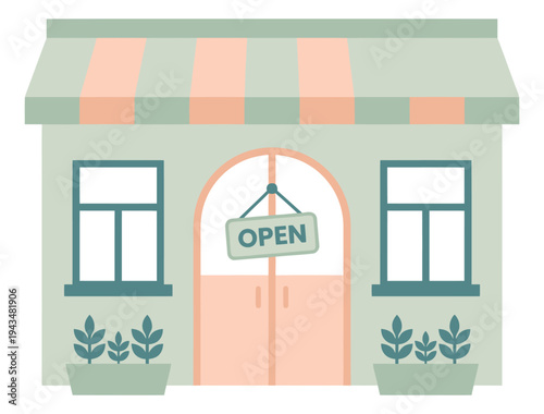 Flat illustration of a cute retail storefront depicting an open shop facade with striped awning and potted plants for business design
