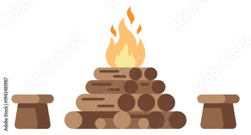 Flat illustration of a campfire with stacked logs depicting an outdoor bonfire scene for camping and nature design