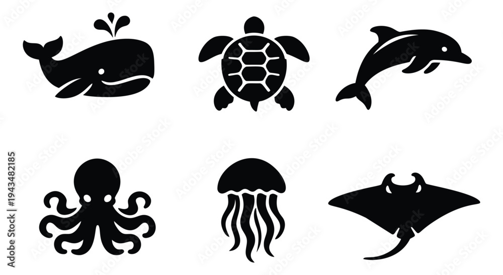 Fototapeta premium Silhouette icon set of 6 sea creatures featuring whale, turtle, dolphin, octopus, jellyfish and stingray for marine design