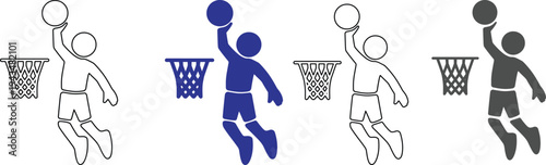 A group of four simplified human figures depicted in various styles and colors including solid orange solid blue and outline versions each appearing to be throwing a small ball upwards with a striking