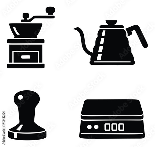 Silhouette icon set of 4 coffee brewing tools featuring grinder, gooseneck kettle, tamper and digital scale for cafe design