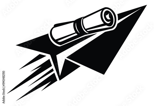 Bold cartoon illustration of a diploma scroll on a paper airplane depicting fast education delivery for academic and school design