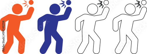 A group of four simplified human figures depicted in various styles and colors including solid orange solid blue and outline versions each appearing to be throwing a small ball upwards with a striking