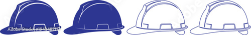A set of four blue graphic representations of a hard hat depicting solid filled versions and outline styles ideal for safety and construction industry icons or design elements