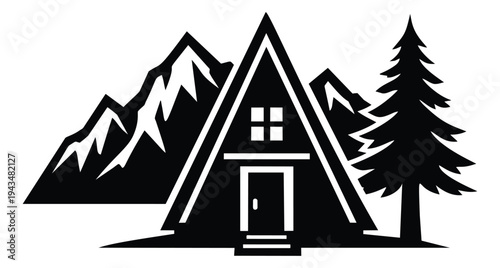 Silhouette illustration of an A frame cabin depicting mountain retreat with pine tree and snowy peaks for outdoor and travel design