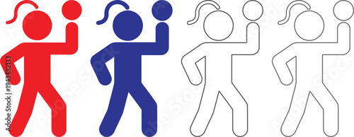 Collection of four stylized stick figure representations of a person holding a ball aloft in their raised hand with one leg forward in a dynamic pose illustrating various graphic styles including soli