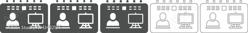 Collection of five stylized calendar interface icons depicting user avatars and computer monitors representing digital scheduling appointment booking online calendar management and event planning for 