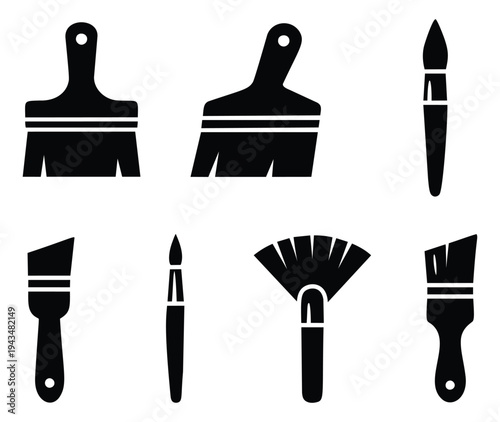 Silhouette icon set of 7 paint brushes featuring wide flat brushes, fan brush, detail brush and angled brushes for art and home improvement design