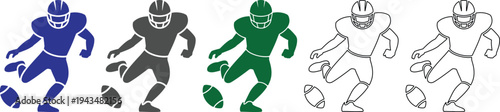 Collection of stylized American football players in action one kicking the ball depicted in various solid colors like blue gray and green alongside outlined versions isolated on a white background rep