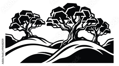 Woodcut illustration of rolling hills landscape depicting gnarled trees on ridgeline for nature and rustic design
