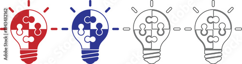 Conceptual illustration of a light bulb composed of puzzle pieces in red and blue colors with outlined versions demonstrating innovation and creative problem solving ideas