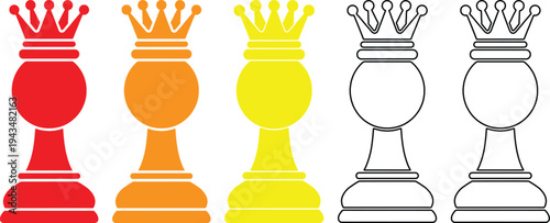 Five stylized chess queen pieces displayed in a horizontal line illustration featuring various vibrant colors and outlines ideal for strategic game concepts and royal imagery these diverse graphic ele