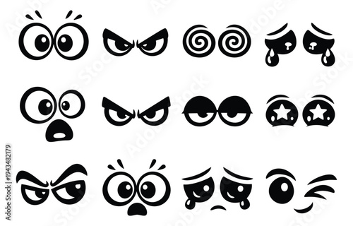 Cartoon icon set of 12 expressive eye pairs featuring angry, surprised, dizzy, sad and star struck emotions for comic design