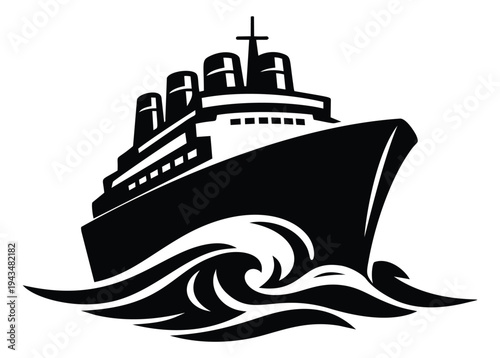 Silhouette illustration of a large ocean liner depicting a cruise ship sailing through waves for maritime and travel design