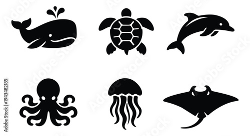 Silhouette icon set of 6 sea creatures featuring whale, turtle, dolphin, octopus, jellyfish and stingray for marine design