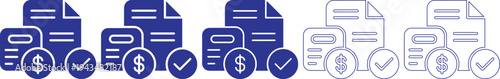 Modern vector illustration showcasing financial document management and successful transaction approval processes with various blue icons representing invoices payments and confirmed agreements ideal 