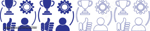 Set of blue graphic symbols representing awards achievement success teamwork and individual accomplishments isolated on a white background creating a visual narrative of progress