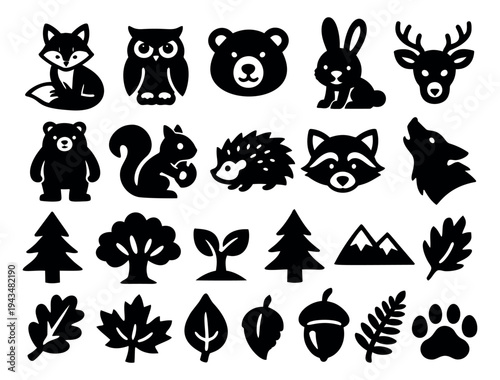 Silhouette icon set of 20 woodland creatures and nature symbols featuring fox, owl, bear, deer, rabbit, wolf, raccoon, squirrel, hedgehog, trees, mountains and leaves for forest themed design