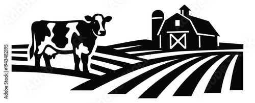 Bold silhouette illustration of a dairy cow and farmstead depicting rural countryside landscape for agriculture and farming design