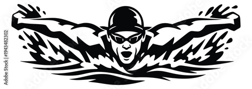 Bold silhouette illustration of competitive swimmer depicting butterfly stroke action for sports and aquatics design