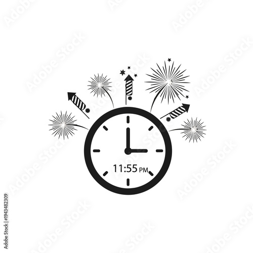 New Year's Eve clock striking midnight fireworks.