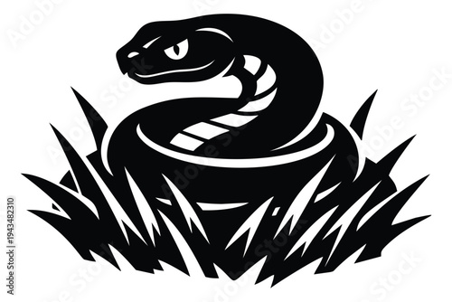 Bold silhouette illustration of a coiled snake in grass depicting a striking serpent pose for mascot and wildlife design