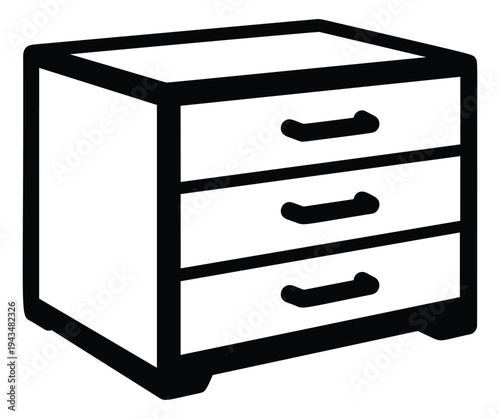 Outline illustration of a three drawer dresser depicting bedroom furniture storage for interior design