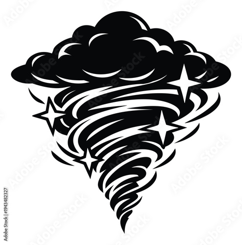 Bold cartoon illustration of a swirling tornado depicting a powerful storm with stars and dark clouds for weather and sports design