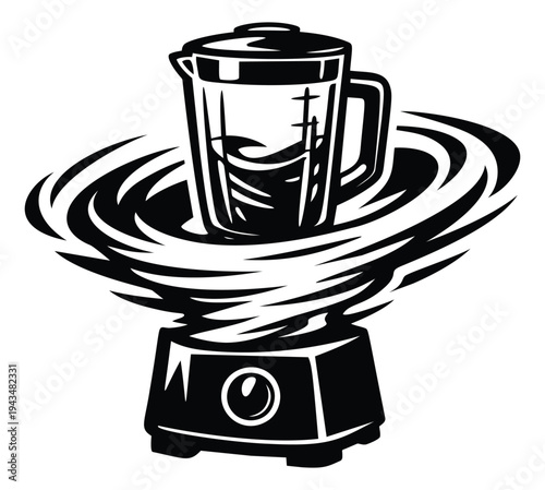 Woodcut illustration of a blender depicting powerful swirling motion for kitchen and smoothie brand design