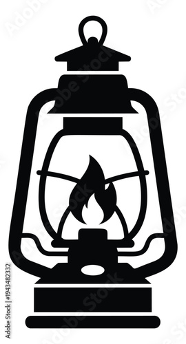 Silhouette illustration of vintage oil lantern depicting classic kerosene lamp for camping and outdoor design