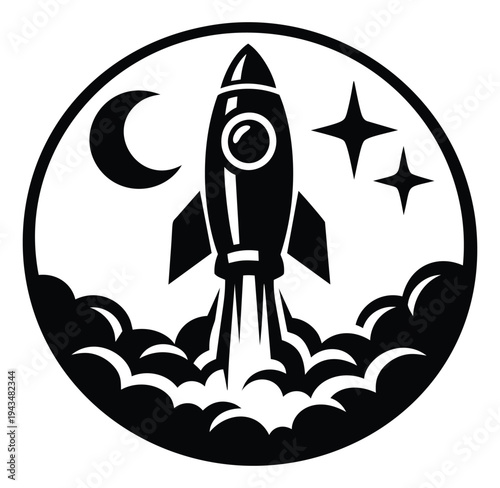 Bold cartoon illustration of a rocket launch depicting liftoff with moon and stars inside a circular badge for space and adventure design