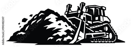 Woodcut illustration of a bulldozer depicting earthmoving and land clearing for construction and heavy equipment design