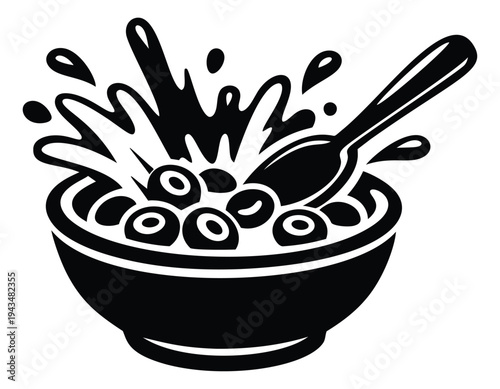 Silhouette illustration of cereal bowl depicting splashing milk and spoon action for food and breakfast design