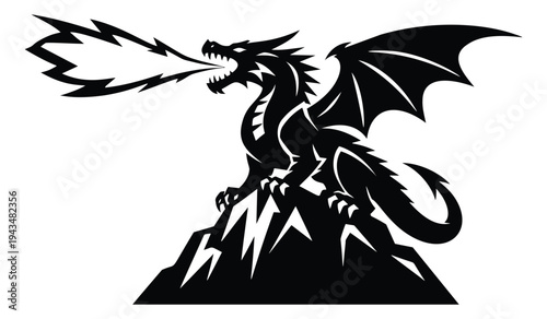 Silhouette illustration of a dragon perched on a mountain depicting fire breathing pose for fantasy and gaming design