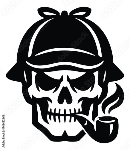Bold silhouette illustration of a skull wearing a deerstalker hat and smoking a pipe depicting a detective theme for mystery and halloween design