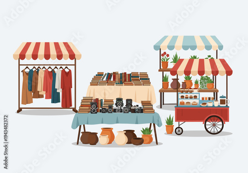 Outdoor market stalls display clothing, books, cameras, pottery, and baked goods for sale