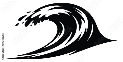 Bold silhouette illustration of a crashing ocean wave depicting curling surf motion for nautical and beach design