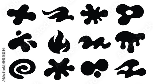 Silhouette icon set of 12 organic blob shapes featuring fluid splats, fire, spirals and liquid drips for graphic design