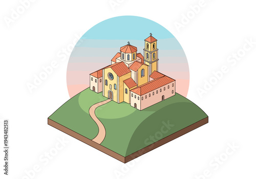 Isometric illustration of a monastery complex on a grassy hill with a bell tower and dome