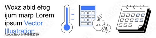 Health management, education, daily planning, nutrition tracking, productivity tools, wellness. Thermometer, calculator apple broccoli and calendar. Health management and nutrition tracking