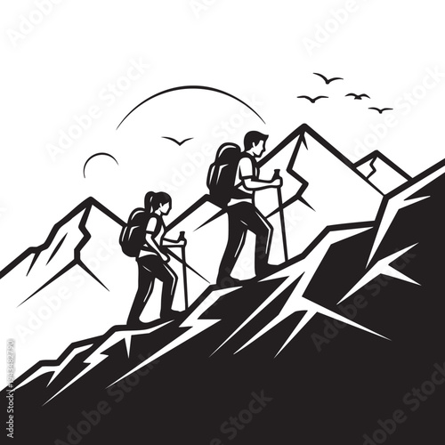 Couple hiking on rocky mountain ridge with scenic view outdoors