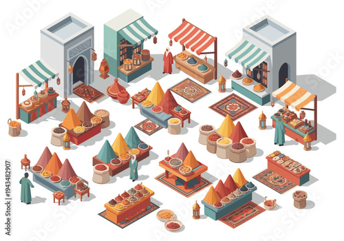 Isometric view of a vibrant Middle Eastern spice market with colorful stalls and goods