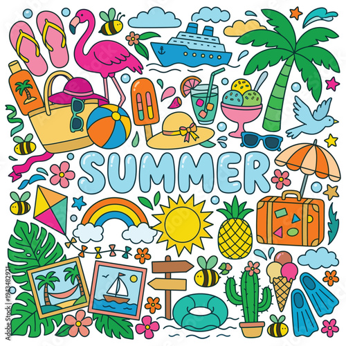 Summer vacation beach doodles colorful square composition with icons