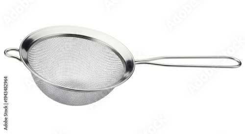Slika na platnu A stainless steel strainer with a long handle on a black background