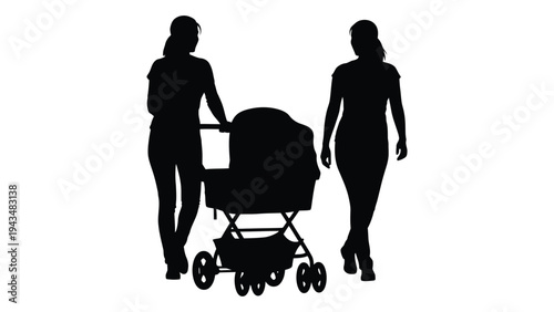 Two women walking with a baby stroller