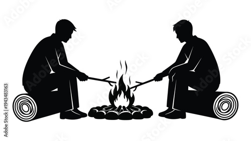 Two people toasting marshmallows on a camping fire