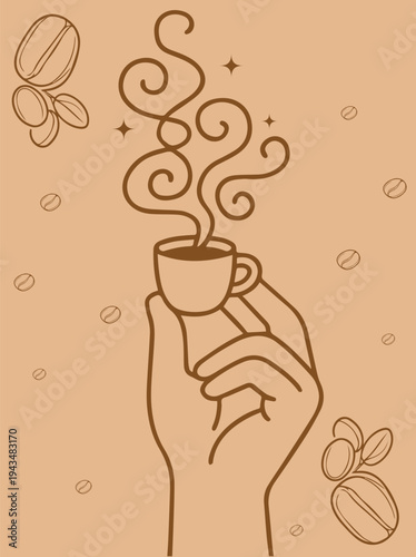 Line art of hand holding steaming coffee cup with coffee beans background