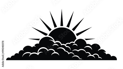 A black silhouette of a sun rising behind clouds