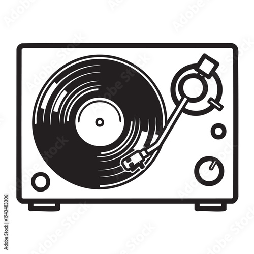 A classic vinyl record player with a record spinning on it is shown.