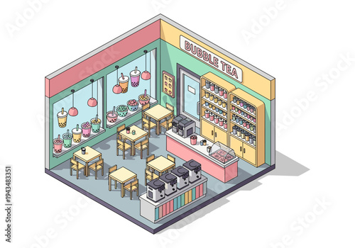 Cozy isometric bubble tea shop interior with tables, counter, and shelves of ingredients